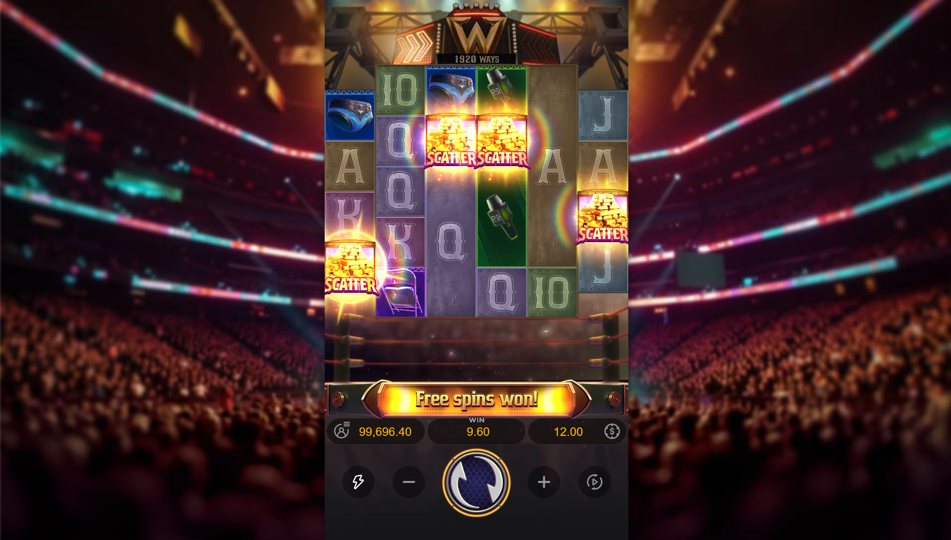Reel Royale Showdown free spins trigger with 4 Scatter symbols landing on the reels