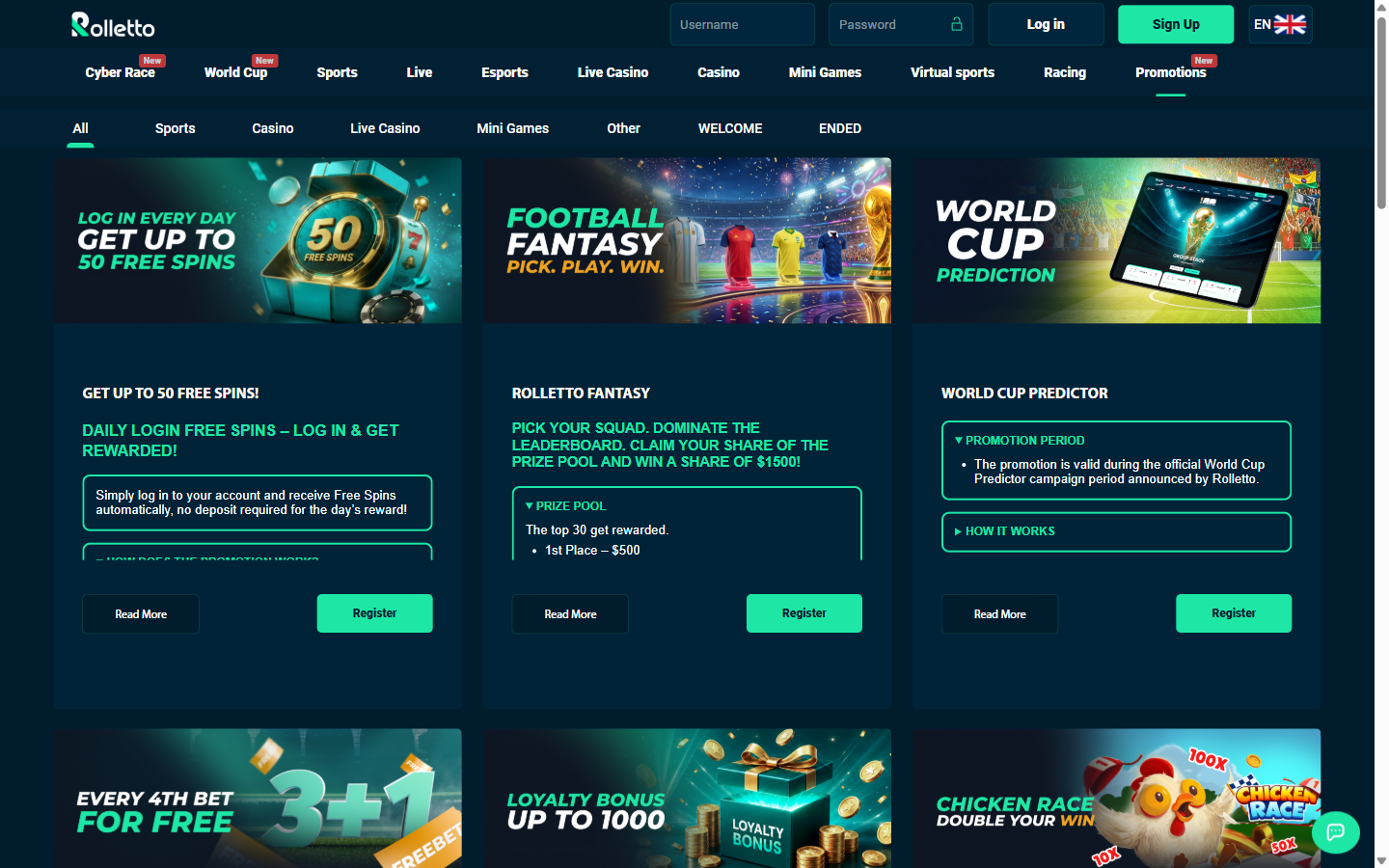 Rolletto promotions page showing daily free spins, loyalty bonus and sports promotions