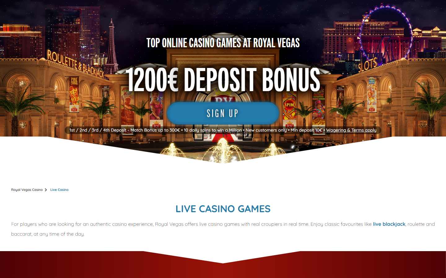Royal Vegas Casino live casino page with a Live Casino breadcrumb and a Live Casino Games heading describing real-croupier blackjack, roulette and baccarat