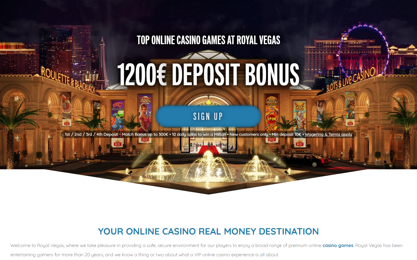 Royal Vegas Casino homepage hero advertising a 1200 EUR deposit bonus across four deposits over a neon Las Vegas casino facade with a Sign Up button
