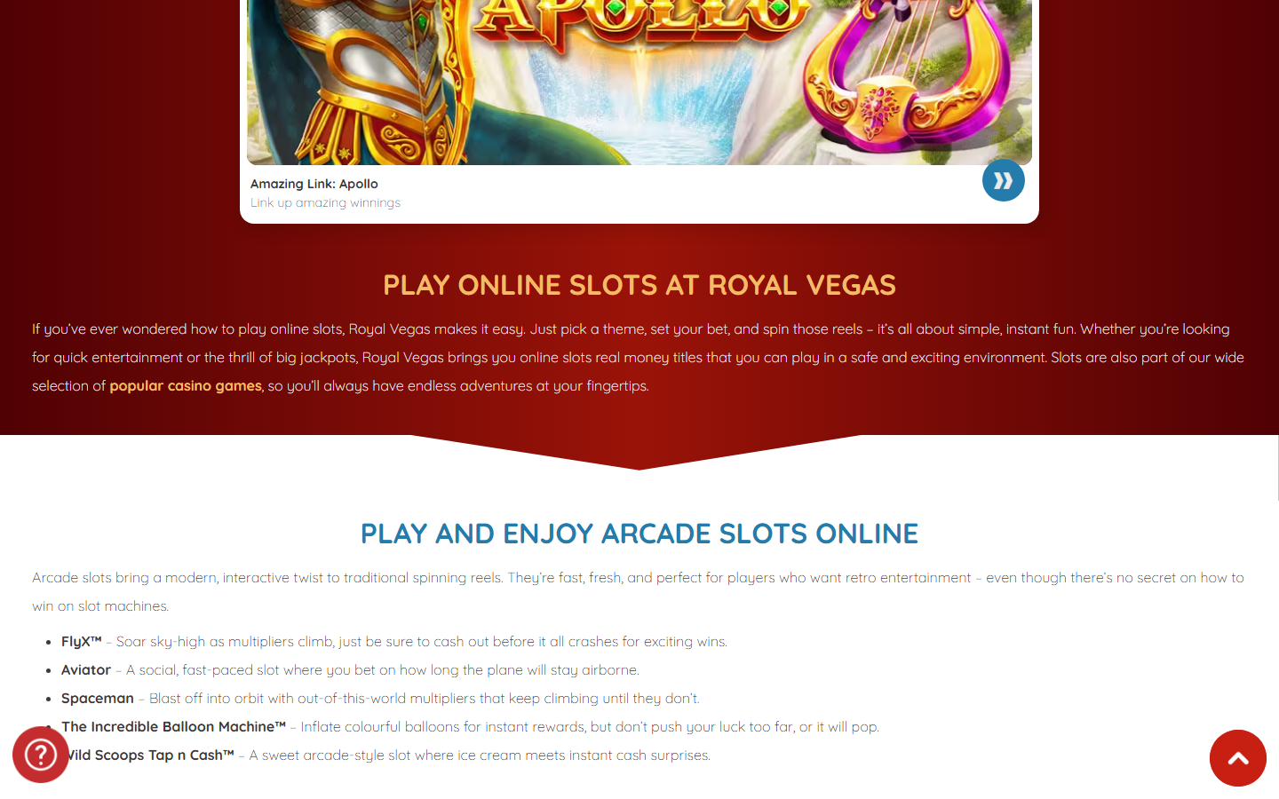 Royal Vegas Casino online slots page showing an Amazing Link: Apollo slot tile above the Play Online Slots At Royal Vegas heading and arcade-slots list