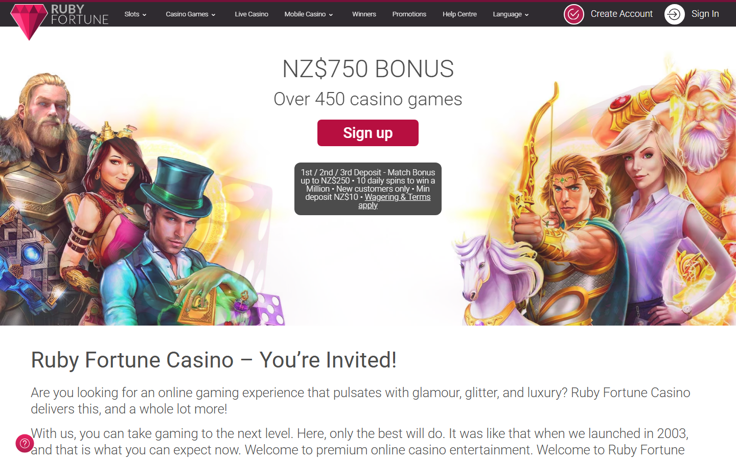 Ruby Fortune Casino homepage promo hero advertising a NZ$750 bonus across the first three deposits with a Sign up button, on an NZ-facing site