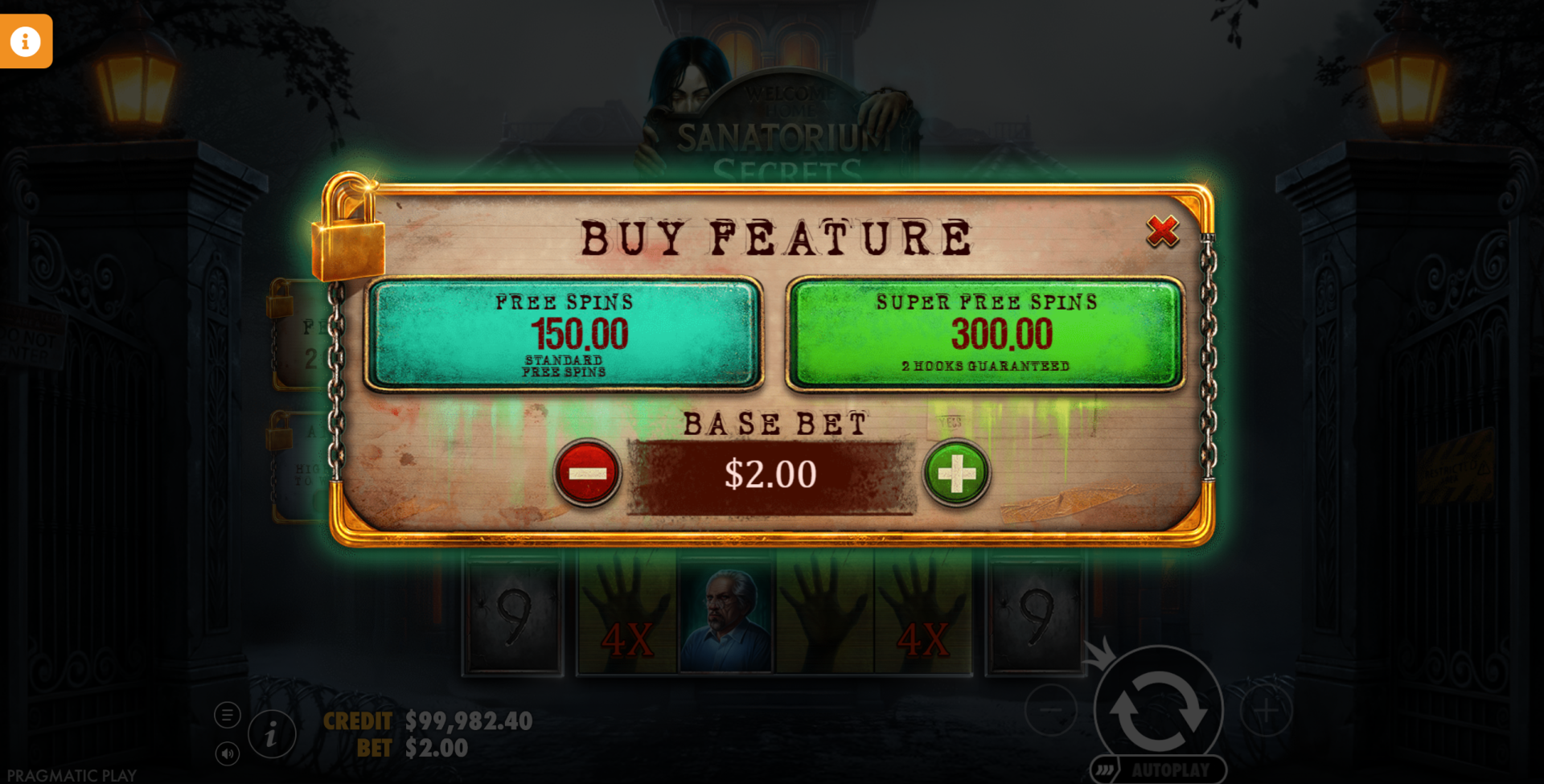 Sanatorium Secrets Feature Buy menu showing Free Spins Buy at 75x and Super Free Spins Buy at 150x
