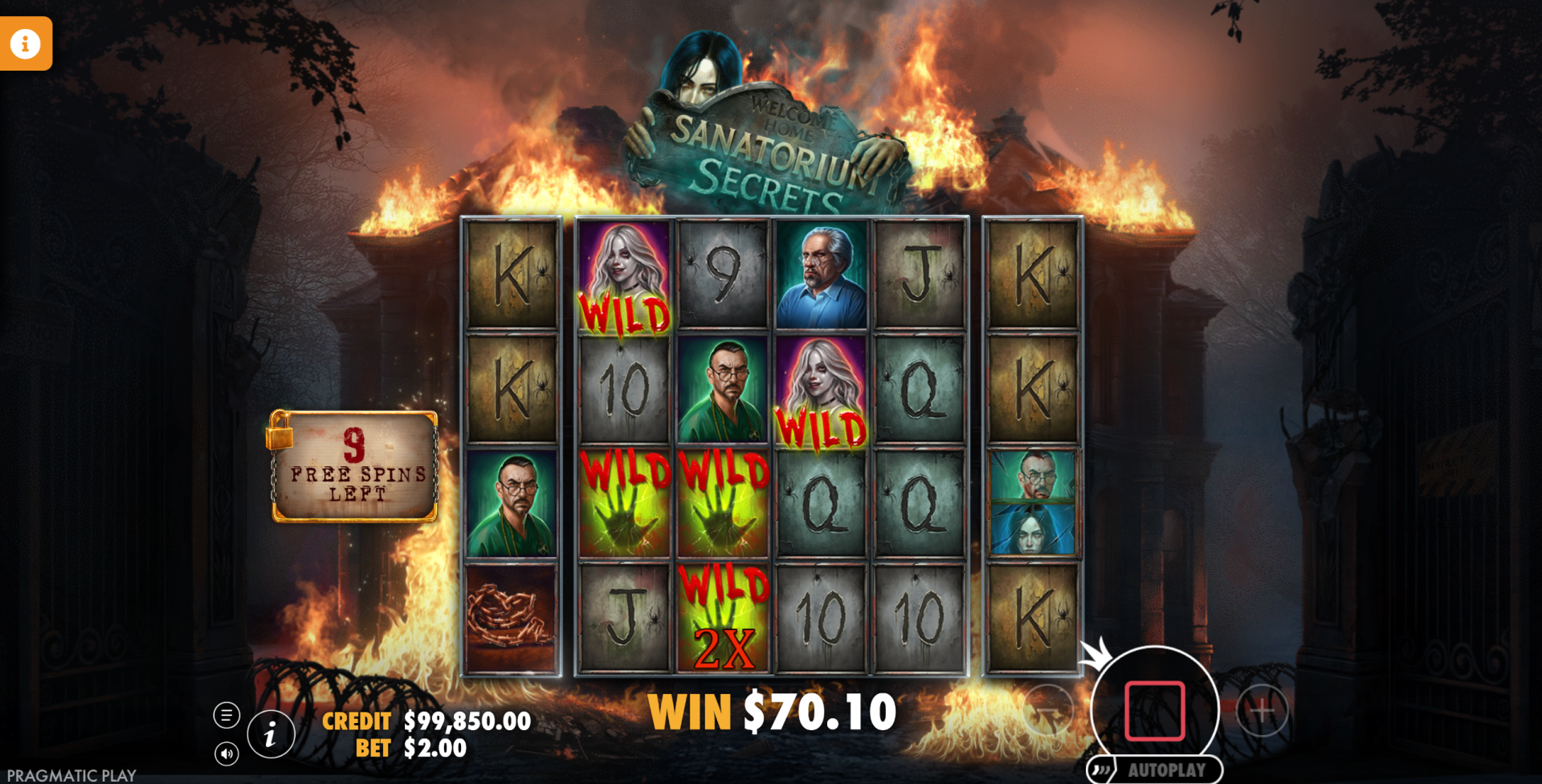 Sanatorium Secrets Wild symbols including the Help Me Wild and Burning Wild with multipliers