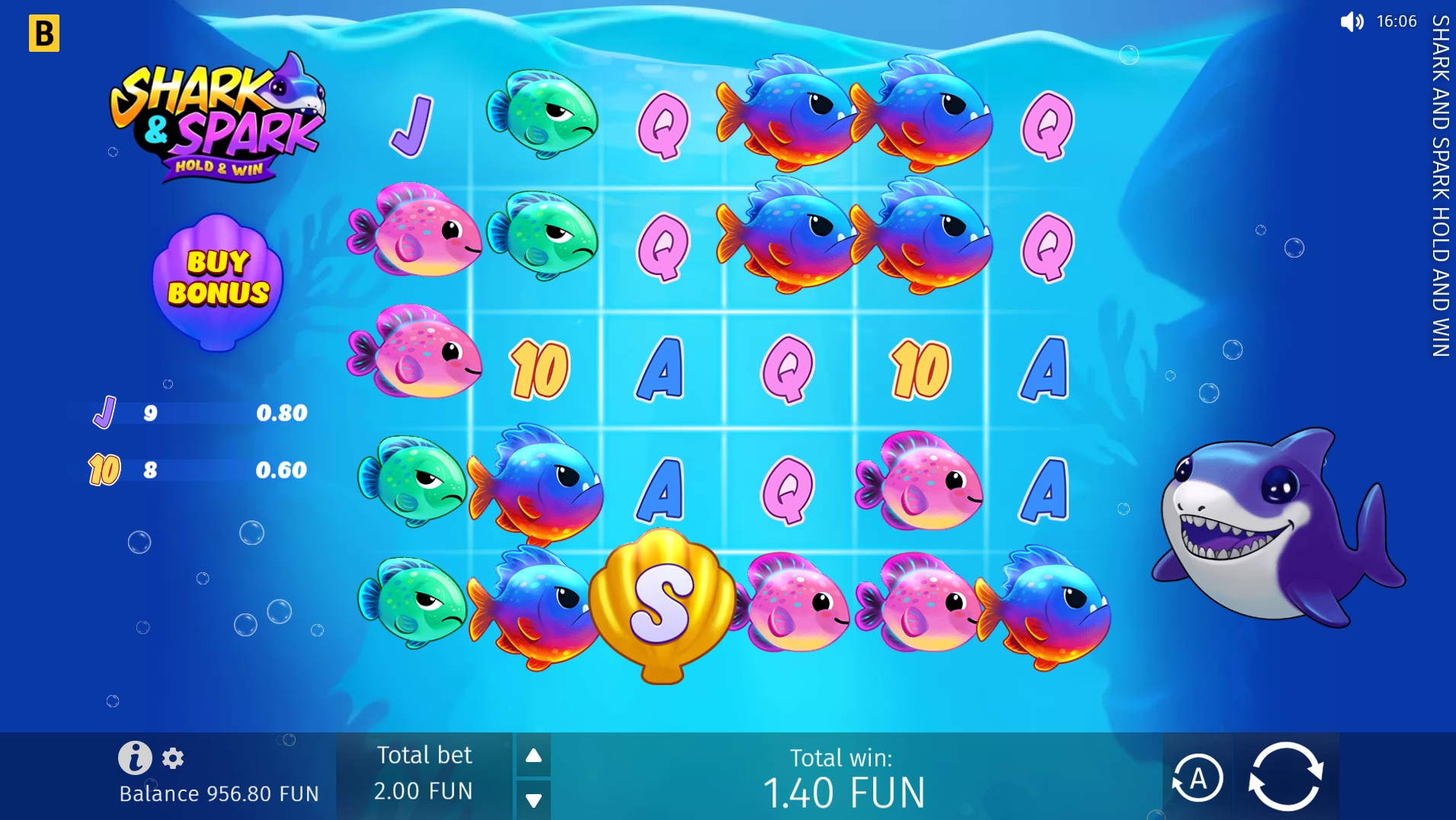 Shark and Spark Hold and Win base game reels showing the 6x5 grid with underwater symbols