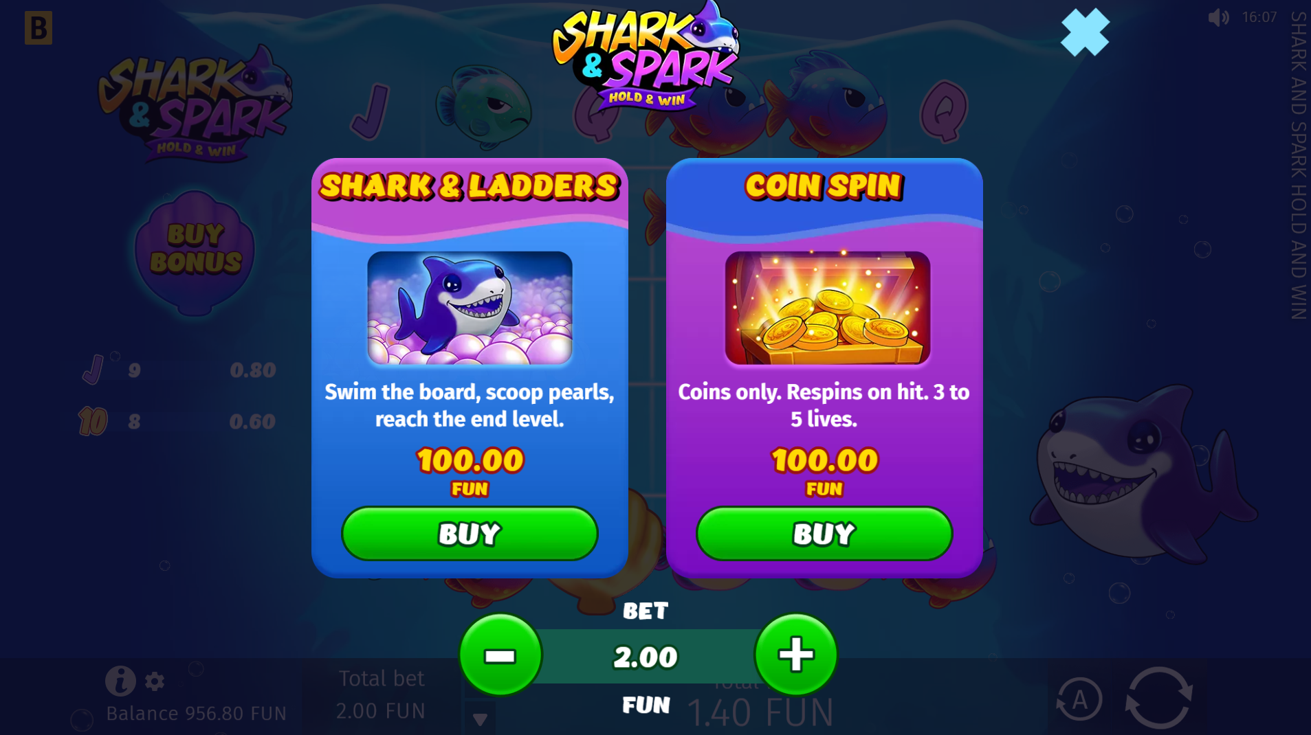Shark and Spark Hold and Win Buy Bonus options screen showing purchasable bonus rounds
