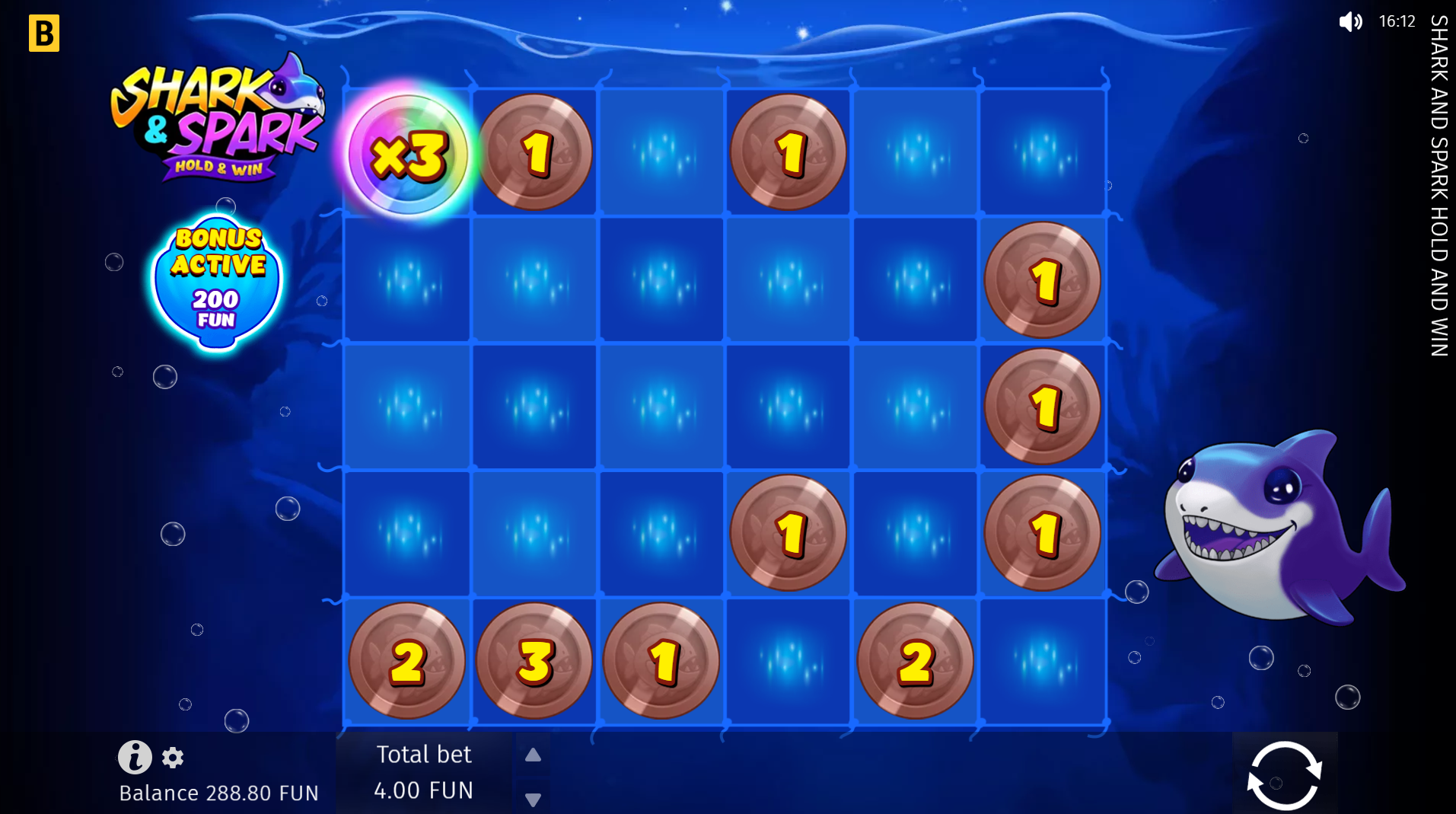 Shark and Spark Hold and Win Coin Respin Bonus feature with sticky coins