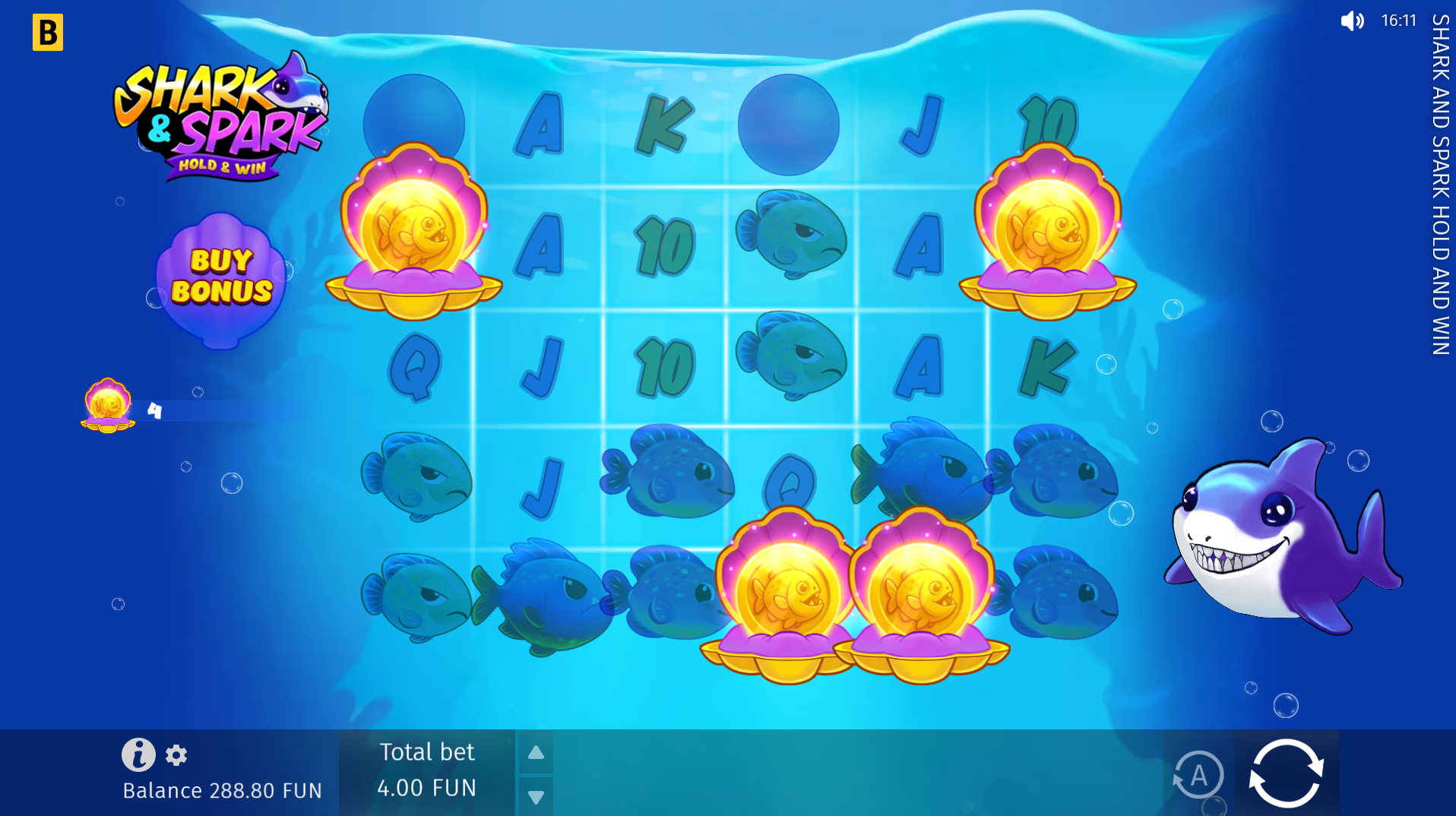 Shark and Spark Hold and Win Coin Spin Feature showing Bronze, Silver and Gold Coins