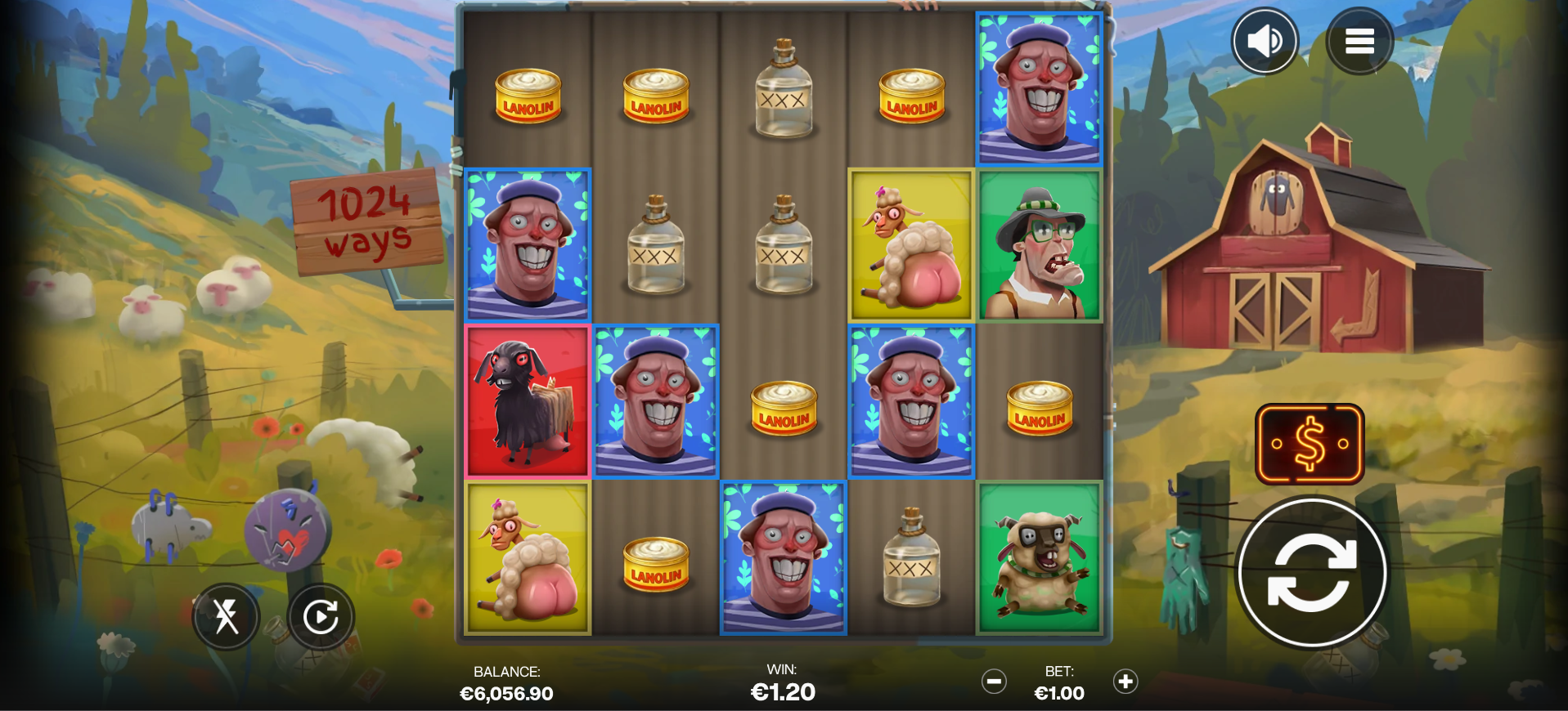Sheeple base game showing the 5x4 reel grid with farmer and sheep symbols