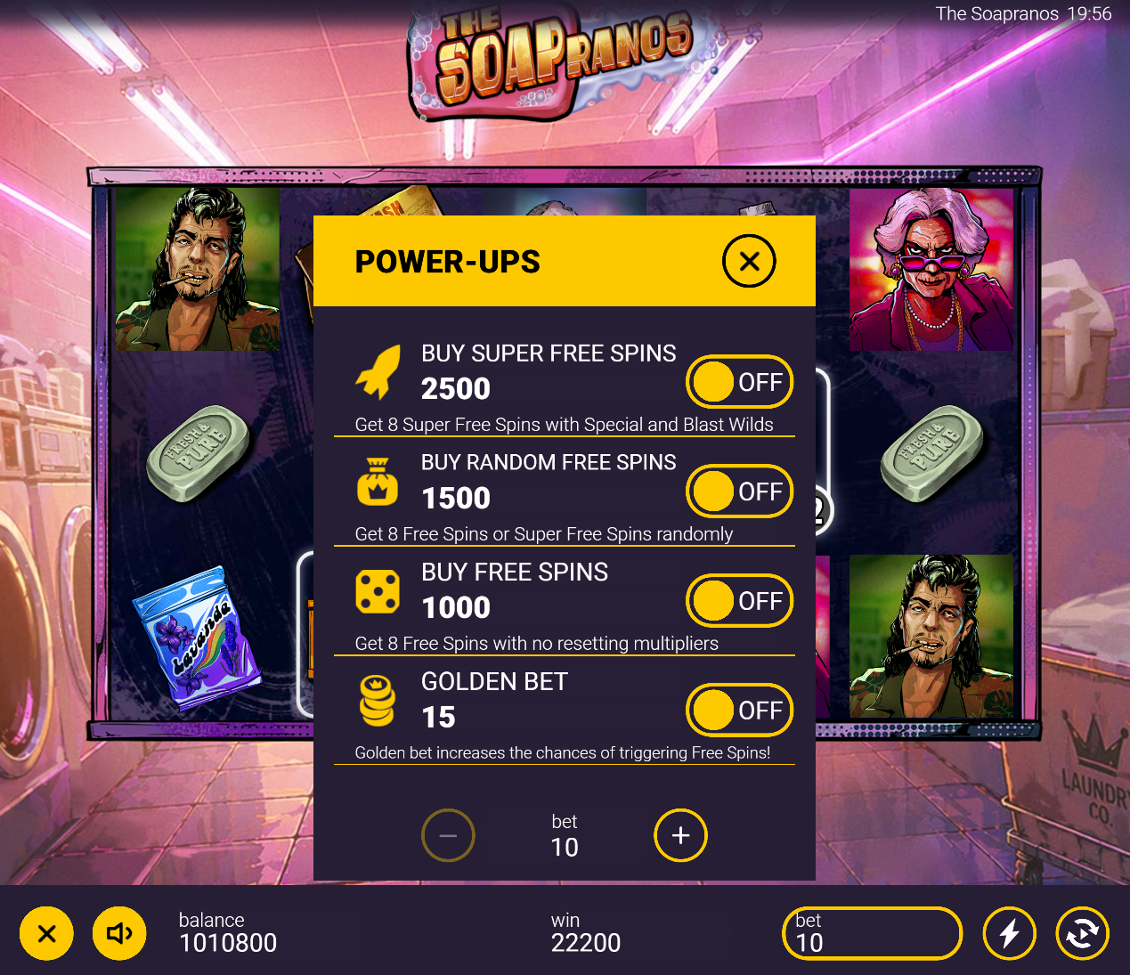 The Soapranos slot bonus buy menu showing 100x, 150x and 250x options