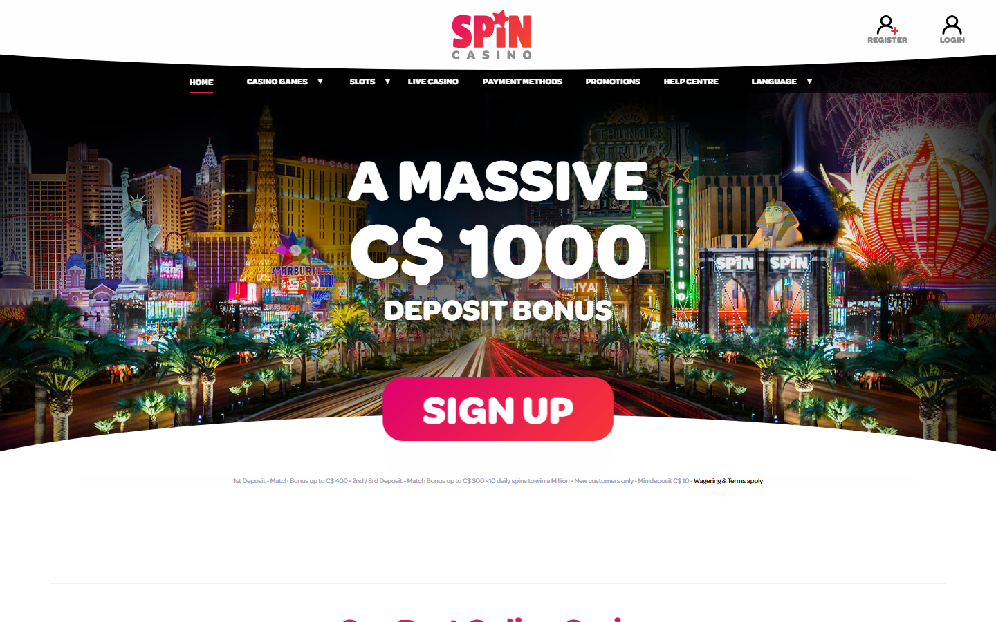 Spin Casino homepage hero advertising a massive C$1000 deposit bonus with a Las Vegas skyline and Sign Up button