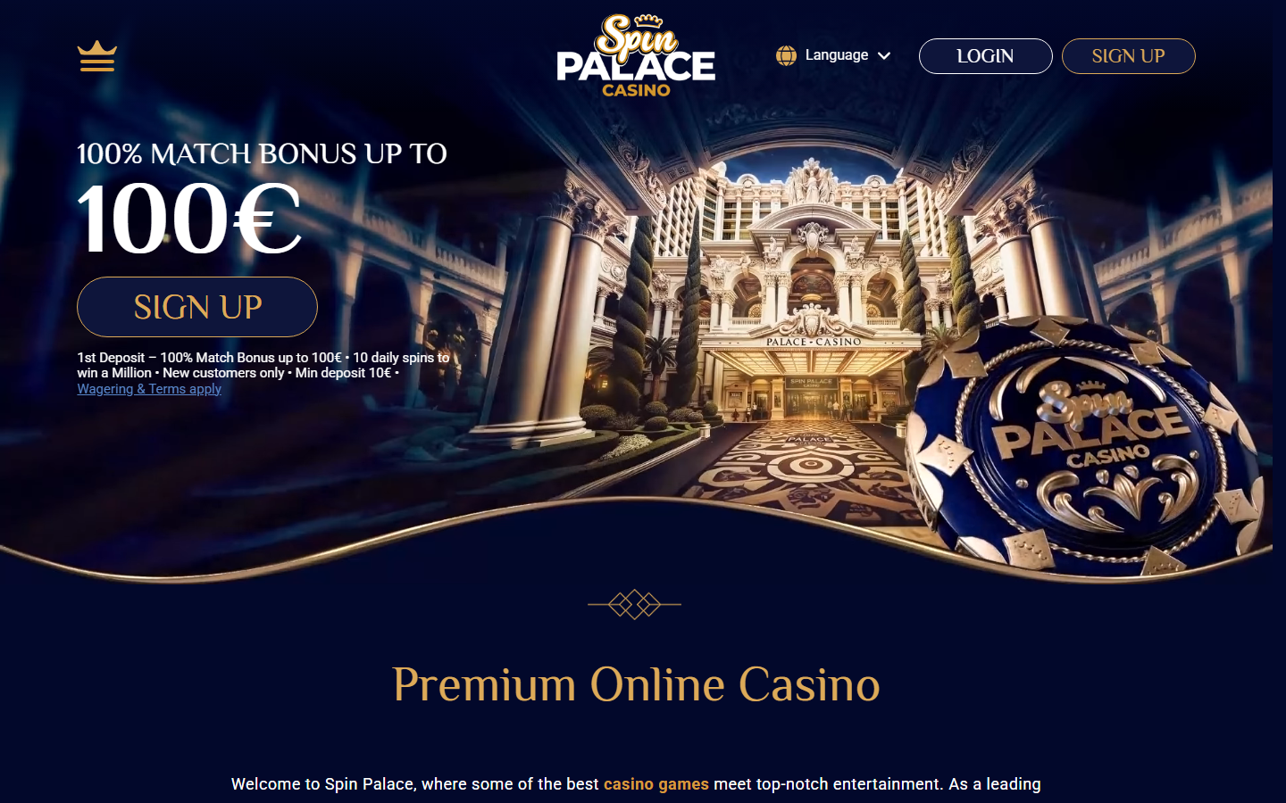 Spin Palace Casino homepage hero advertising a 100% Match Bonus up to 100 EUR with a grand palace-casino entrance and a Sign Up button