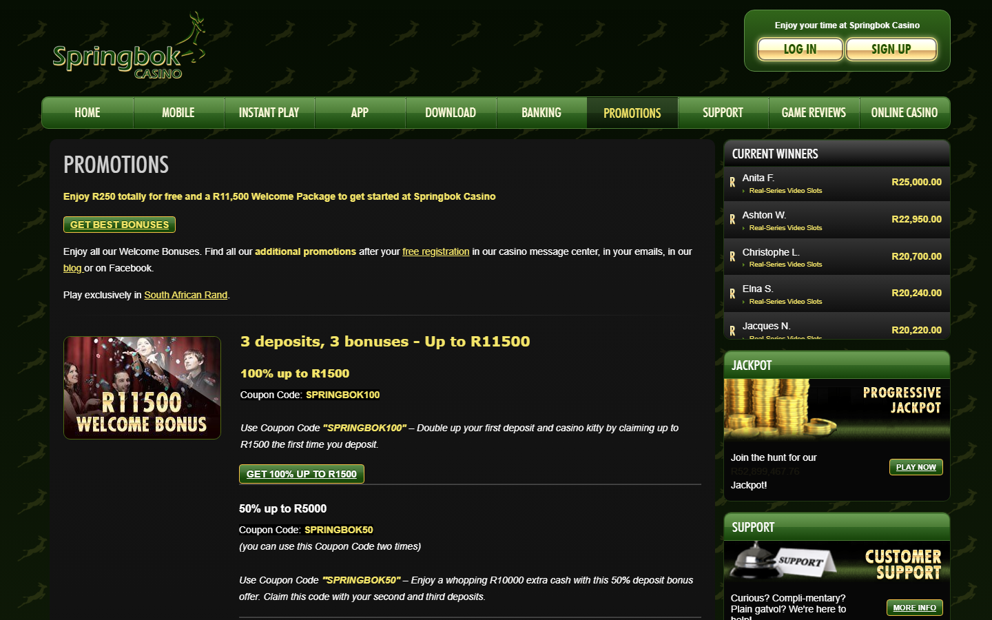 Springbok Casino promotions page showing the R11,500 Welcome Package across three deposits with coupon codes SPRINGBOK100 and SPRINGBOK50, plus current winners and jackpot panels