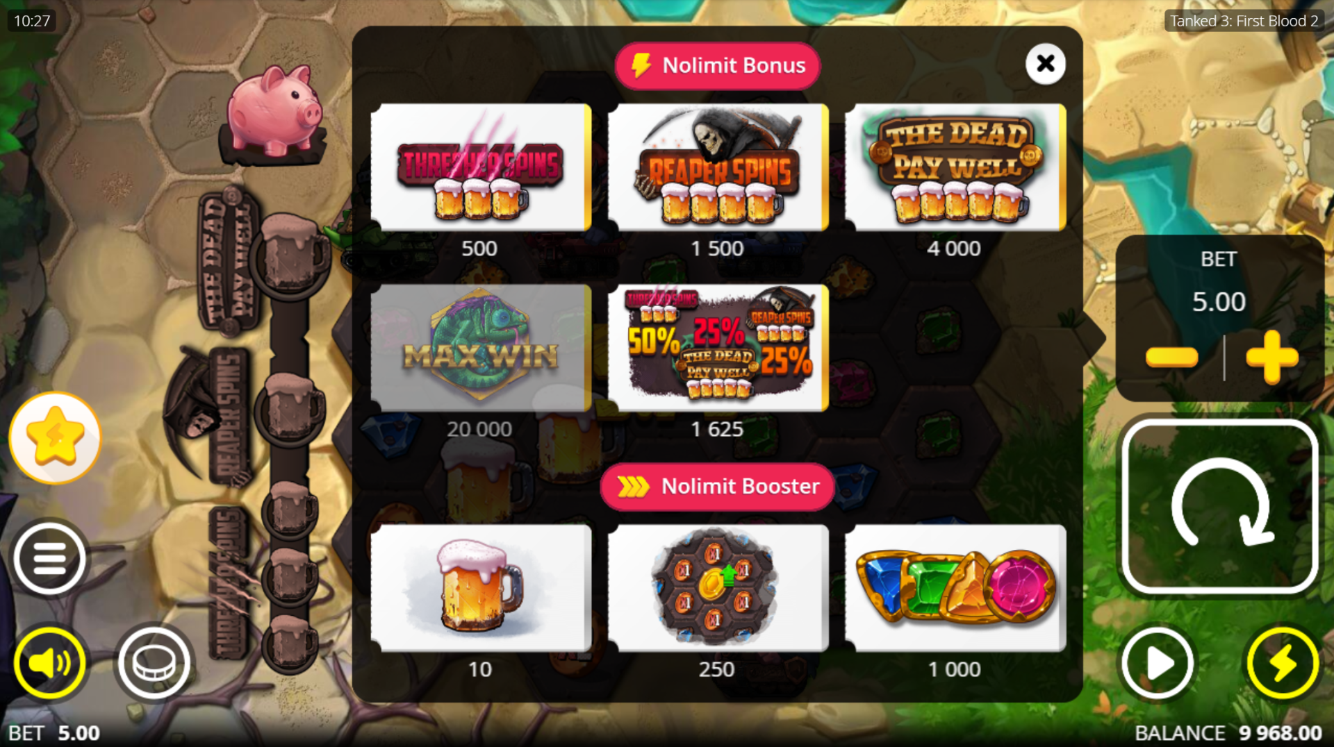 Tanked 3: First Blood 2 bonus buy options menu showing all available buys from 2x to 4000x