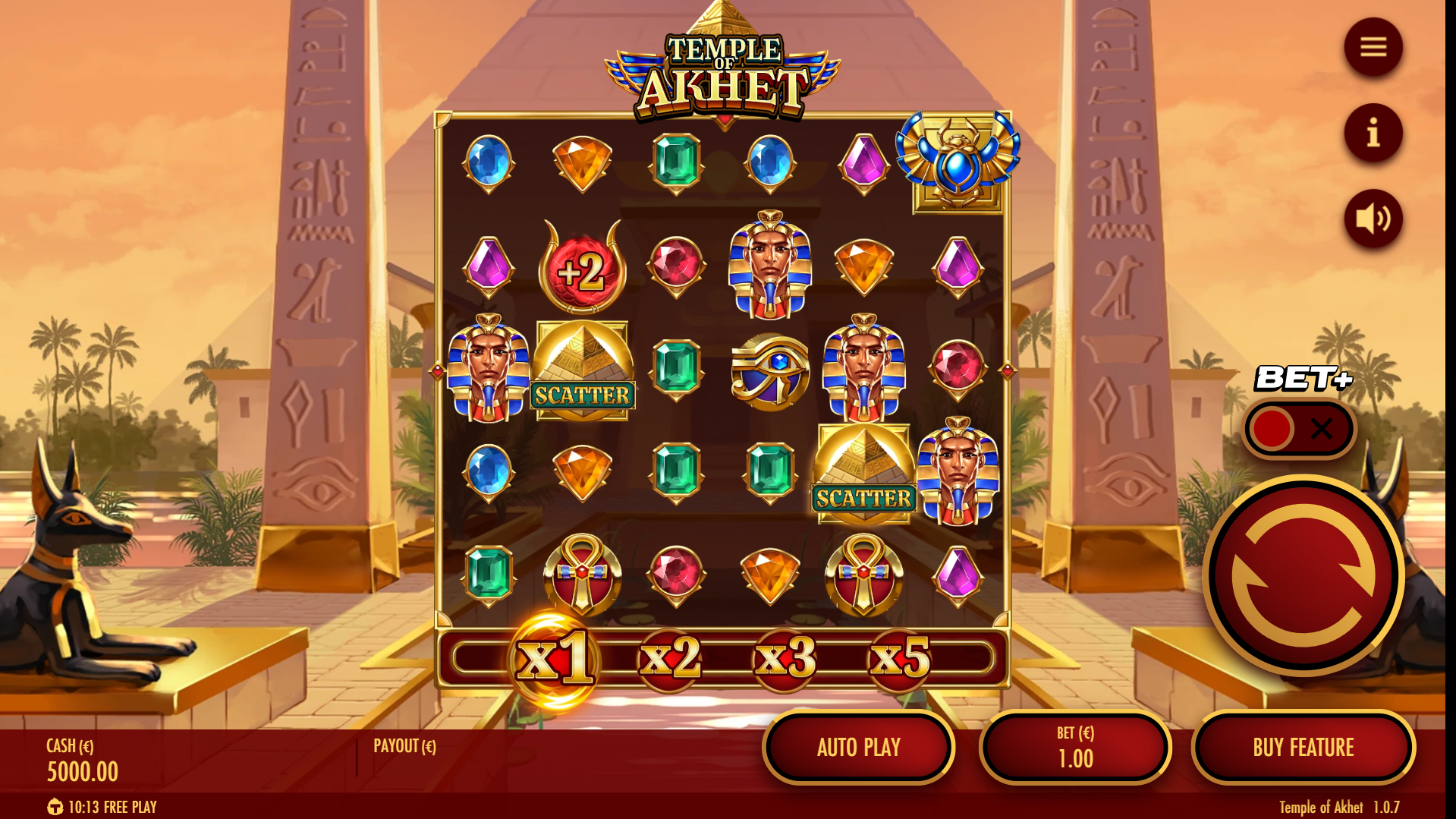 Temple of Akhet base game play - 6x5 reel grid with Occurrence Pay mechanic
