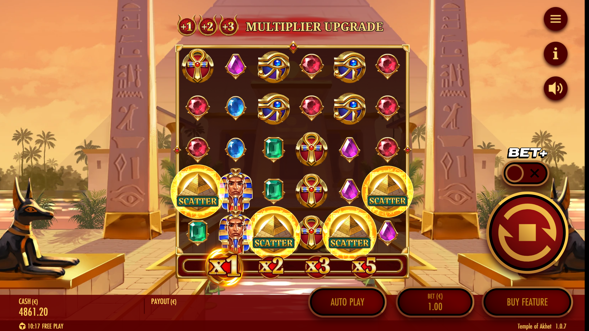 Temple of Akhet bonus trigger - 4 or more Scatter symbols activating Free Spins