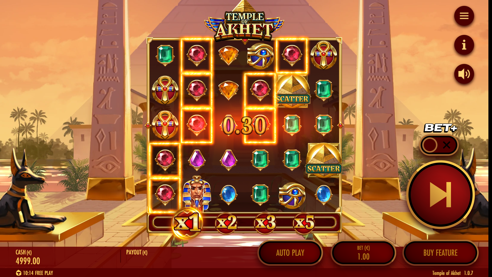 Temple of Akhet - combine 8 or more symbols anywhere to win with Occurrence Pay