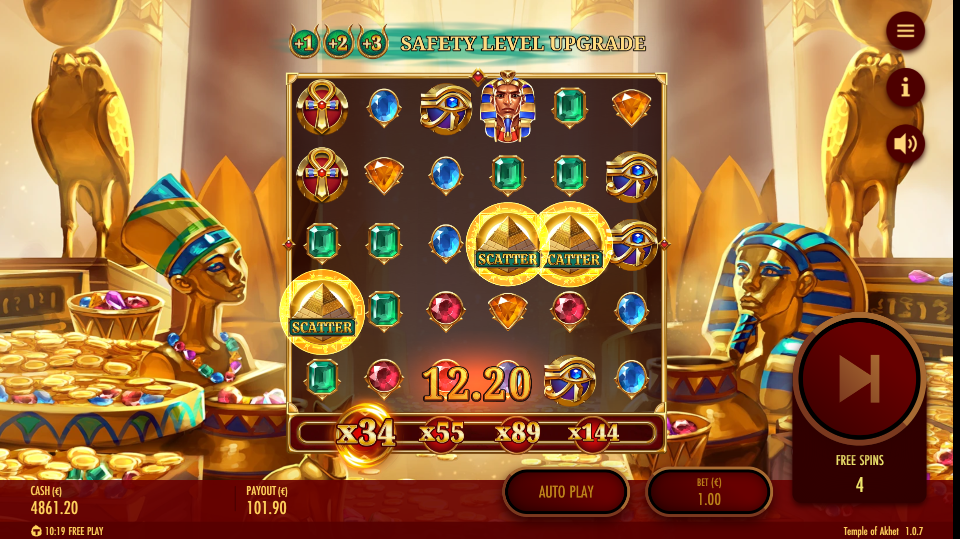 Temple of Akhet Free Spins Bonus game with Multiplier Ladder safety level