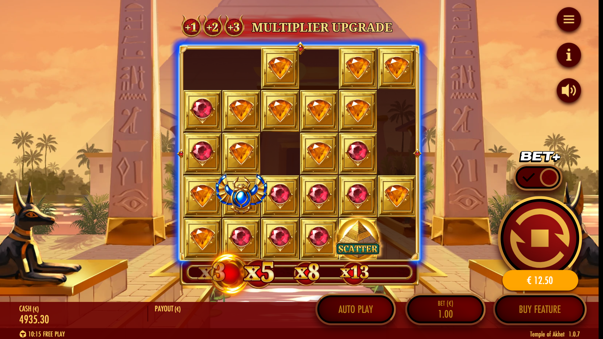 Temple of Akhet Sticky Respin Feature triggered by Golden Scarab Wild