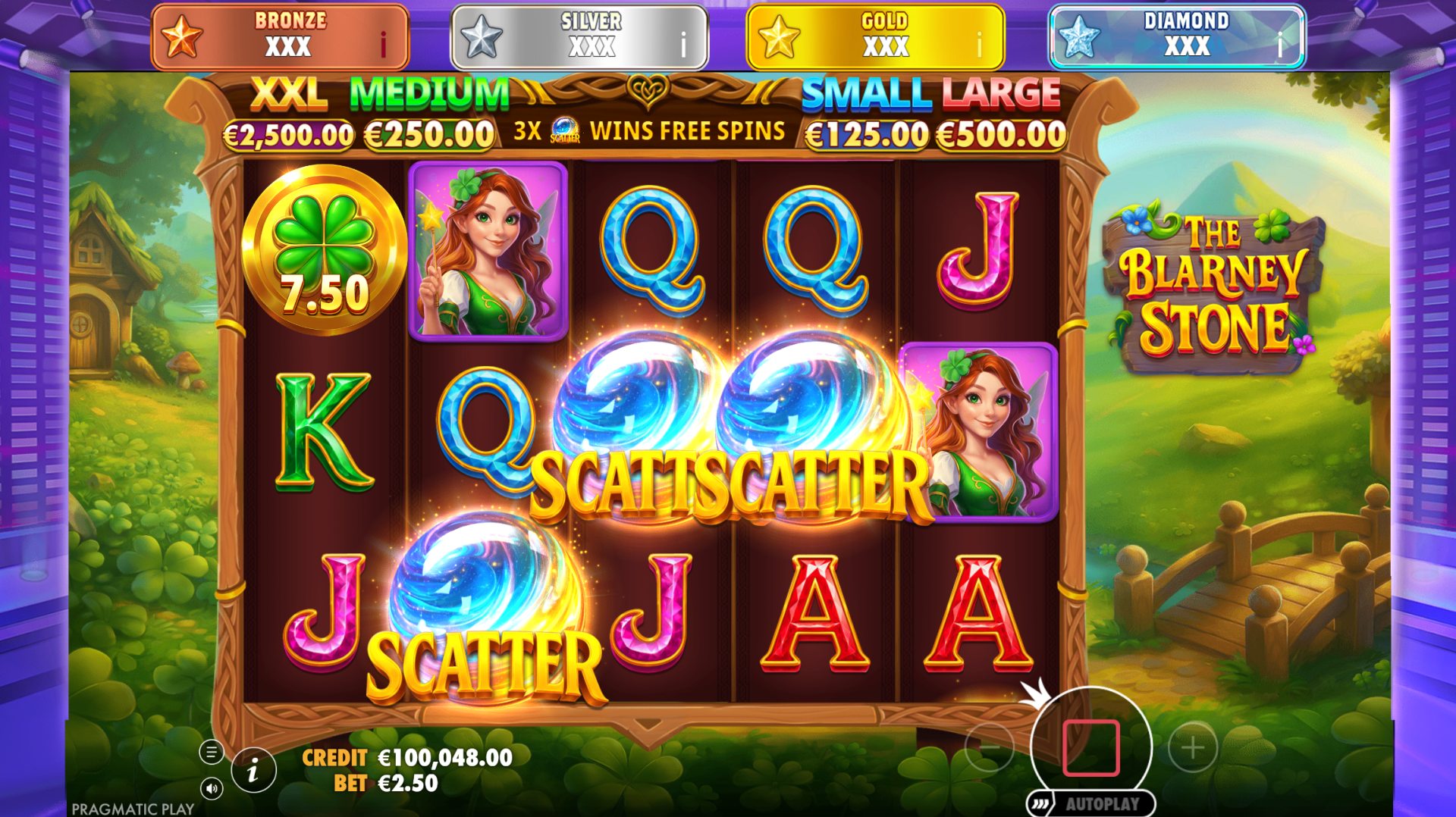 Three Scatter symbols triggering the Free Spins bonus in The Blarney Stone