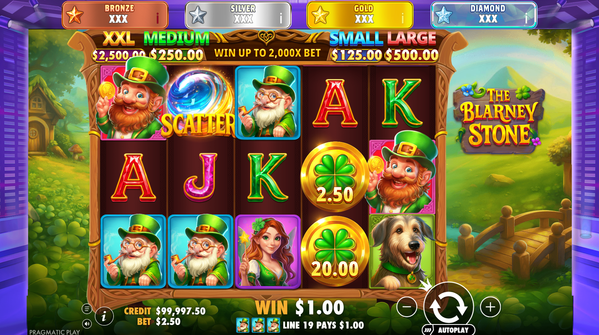 The Blarney Stone base game showing 5-reel layout with Irish-themed symbols