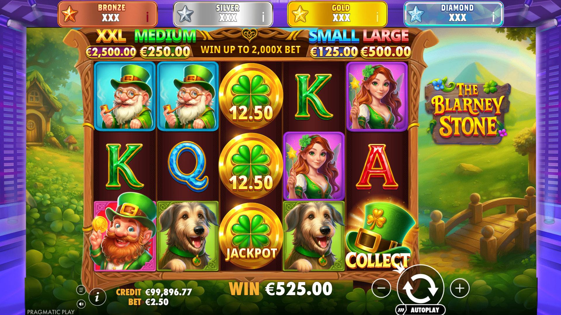 Jackpot collection screen in The Blarney Stone showing prize award