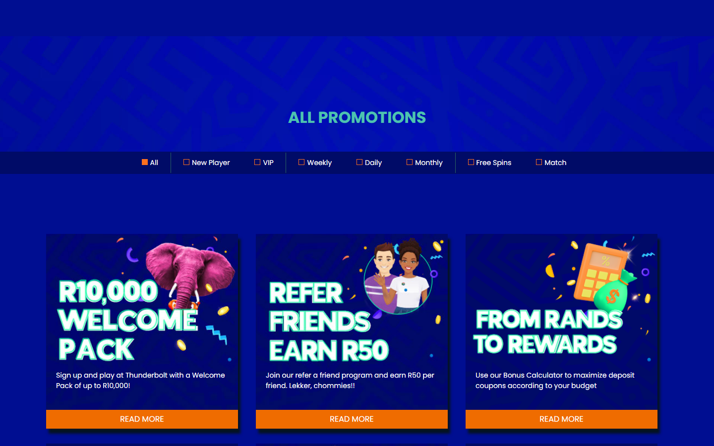 Thunderbolt Casino All Promotions page displaying the R10,000 Welcome Pack, Refer Friends Earn R50 and Rands to Rewards bonus calculator offers