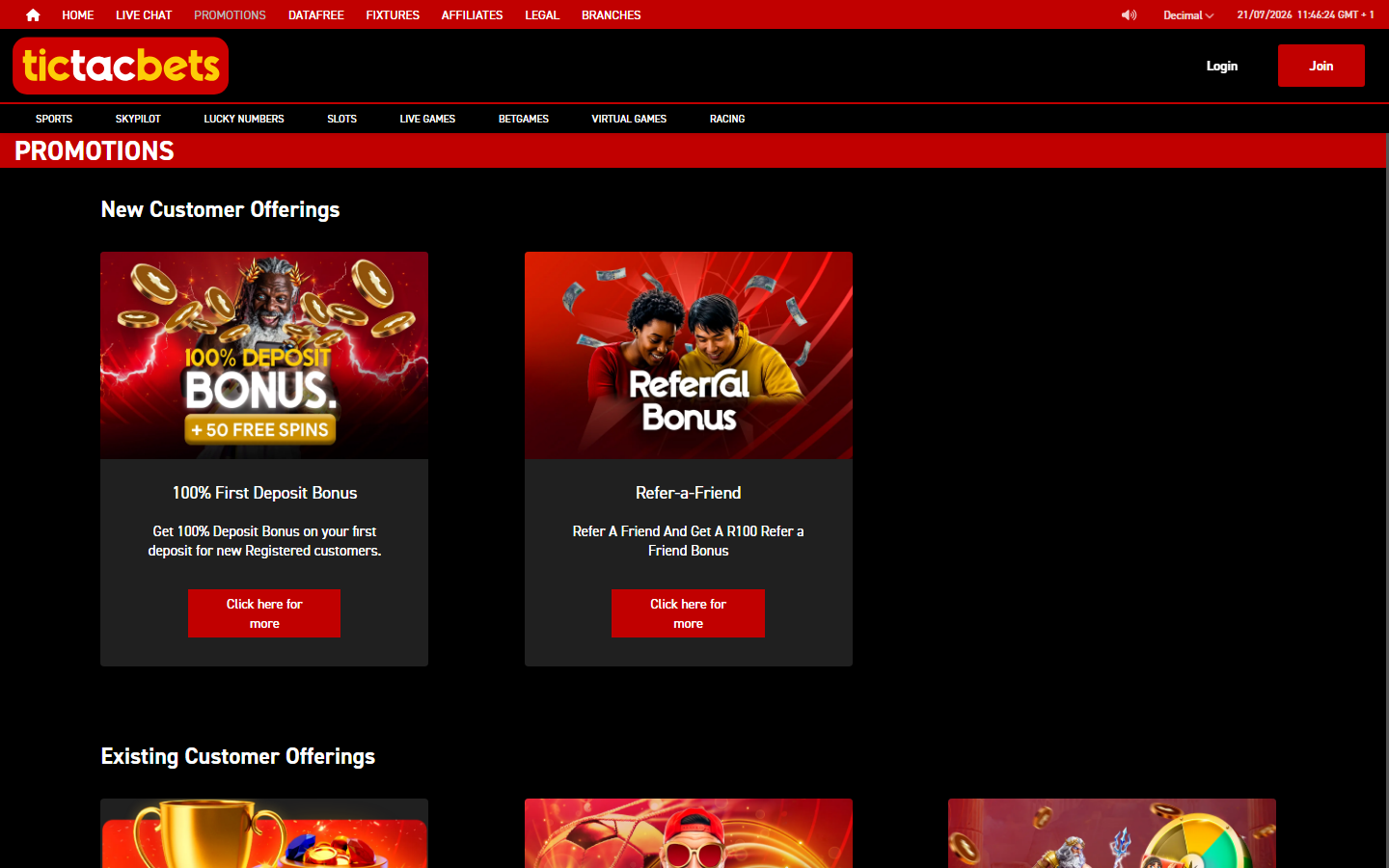Tic Tac Bets promotions page with New Customer Offerings including a 100% Deposit Bonus plus 50 free spins and a Refer-a-Friend R100 bonus