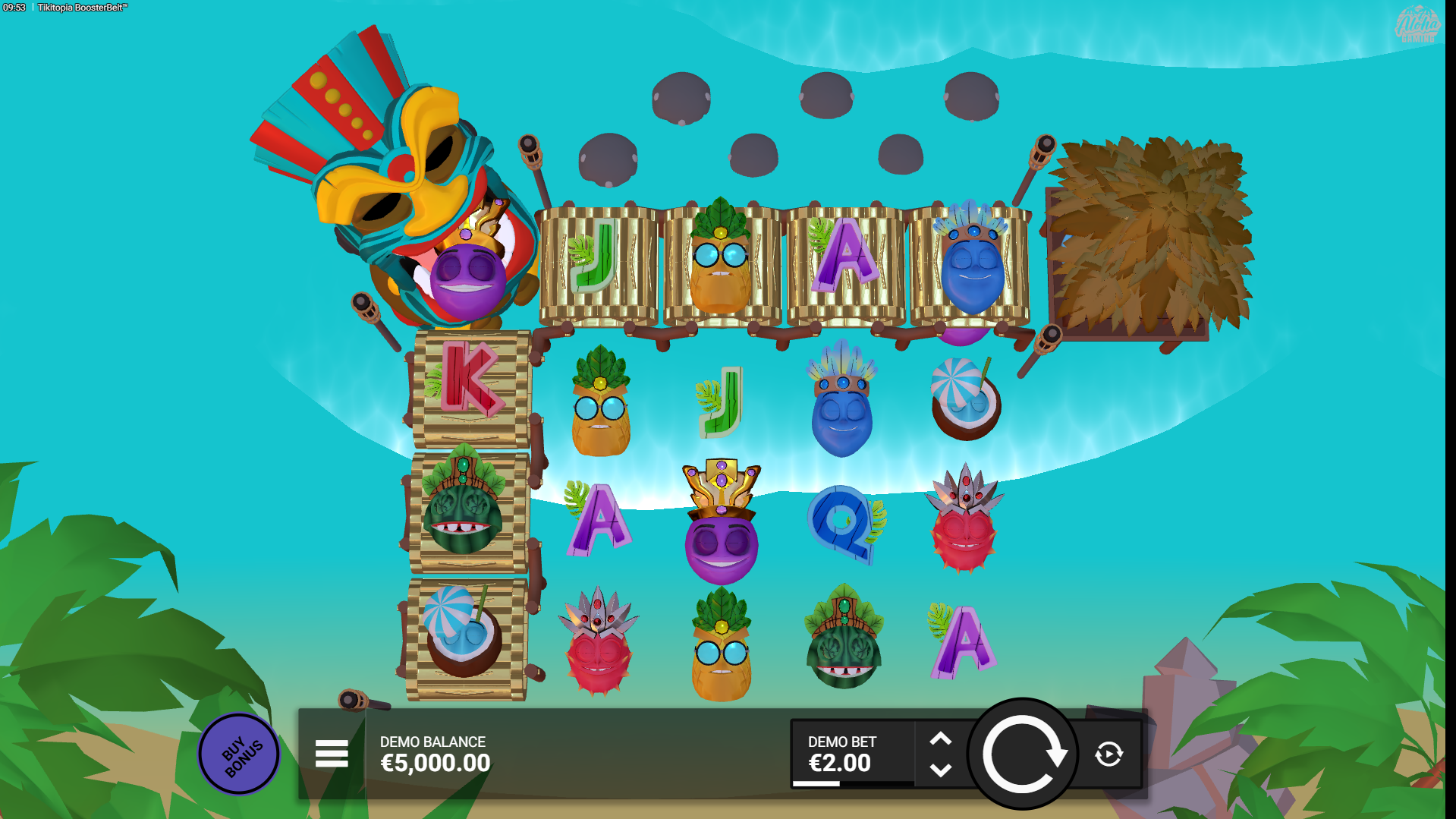 Tikitopia BoosterBelt base game play showing the 5x4 grid and BoosterBelt mechanic