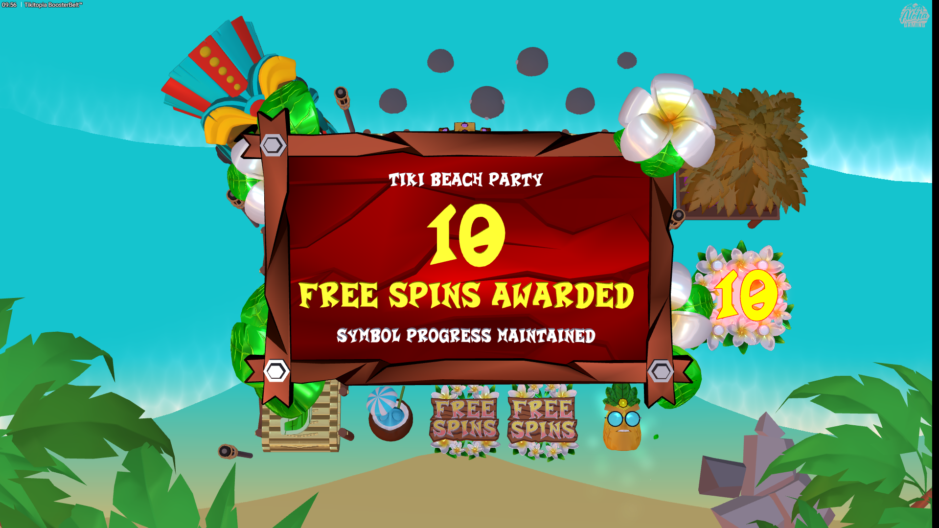 Tikitopia BoosterBelt free spins bonus trigger with scatter symbols
