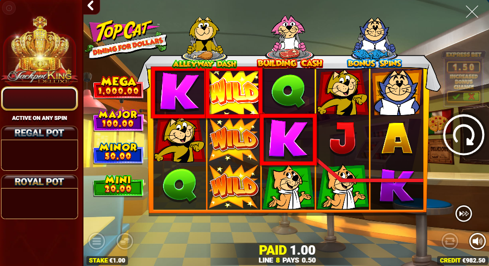 Top Cat Dining For Dollars base game showing 5x3 grid with Wild symbols and Jackpot King Deluxe sidebar