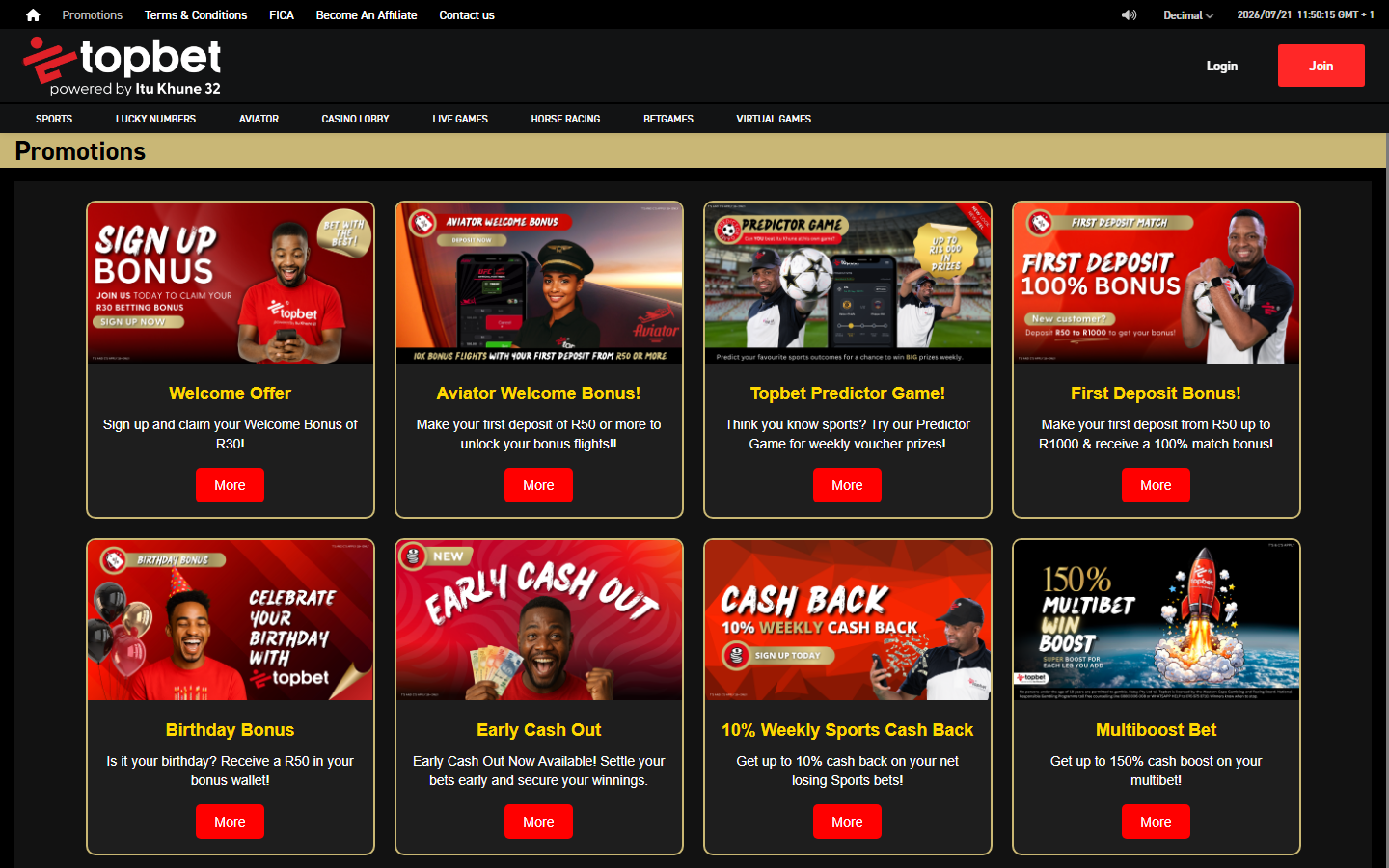 Topbet promotions page with a grid of eight offers including Sign Up Bonus, Aviator Welcome Bonus, First Deposit 100% Bonus, Birthday Bonus, Early Cash Out and Weekly Sports Cash Back