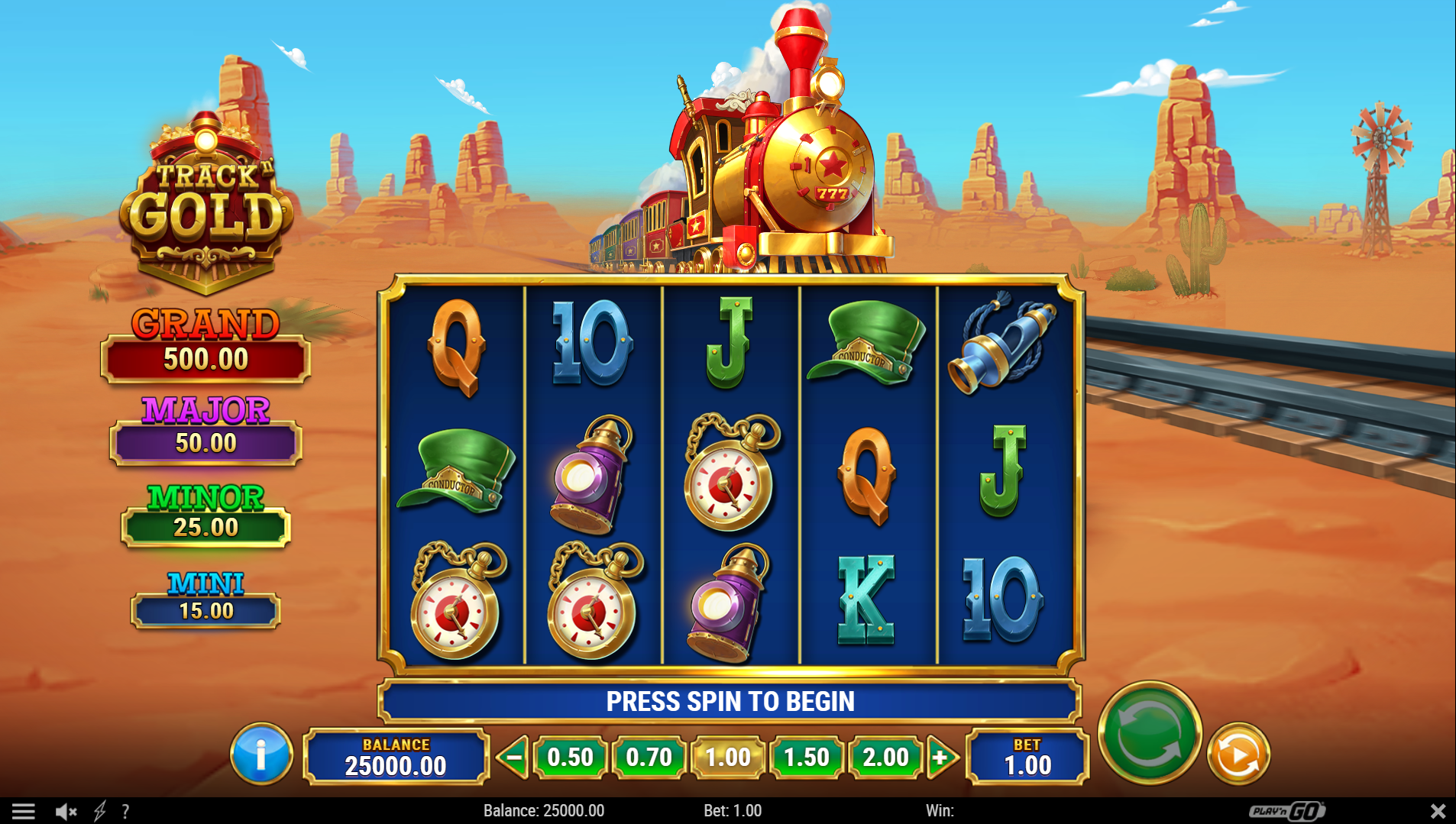 Track n' Gold base game showing 5 reels with gold train theme and 20 fixed paylines