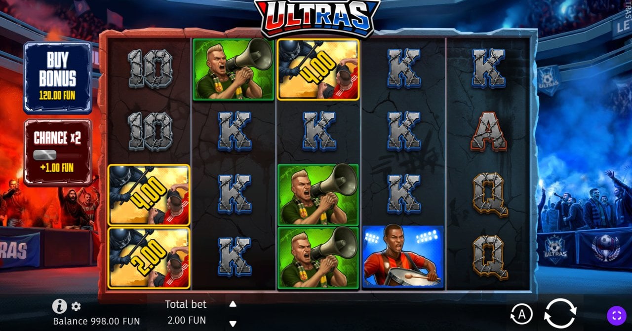 Ultras By BGaming base game showing football stadium theme and 100-payline grid