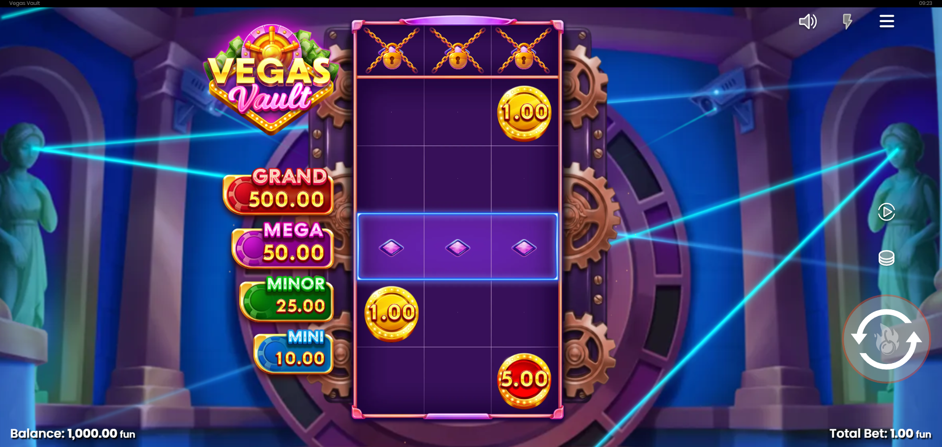 Vegas Vault base game - 3x5 grid with coin symbols, diamond scatters, and jackpot meter showing Grand, Mega, Minor and Mini tiers
