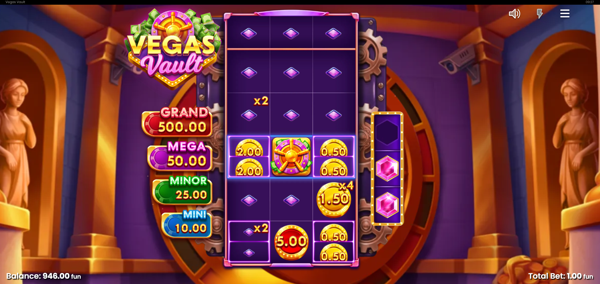 Vegas Vault bonus game in progress - multiplier coins and x2 multipliers active on the grid