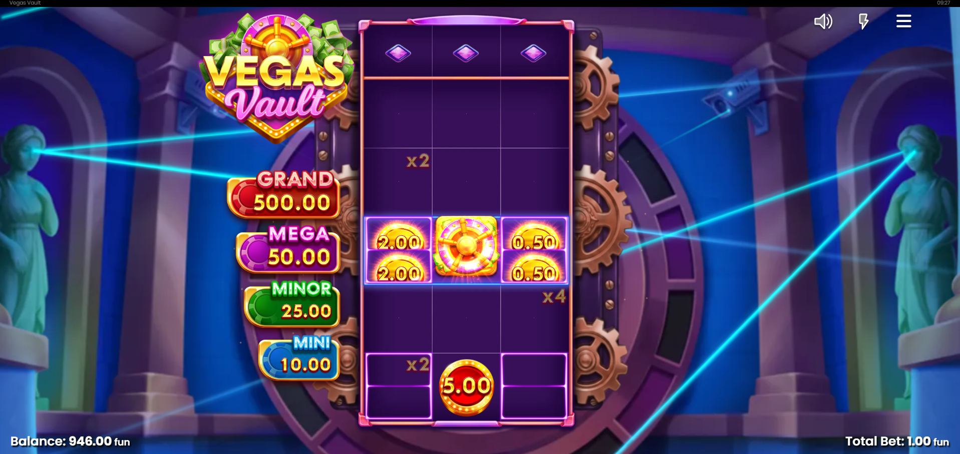 Vegas Vault bonus trigger - scatter diamond symbols appearing across the top row to activate the bonus round