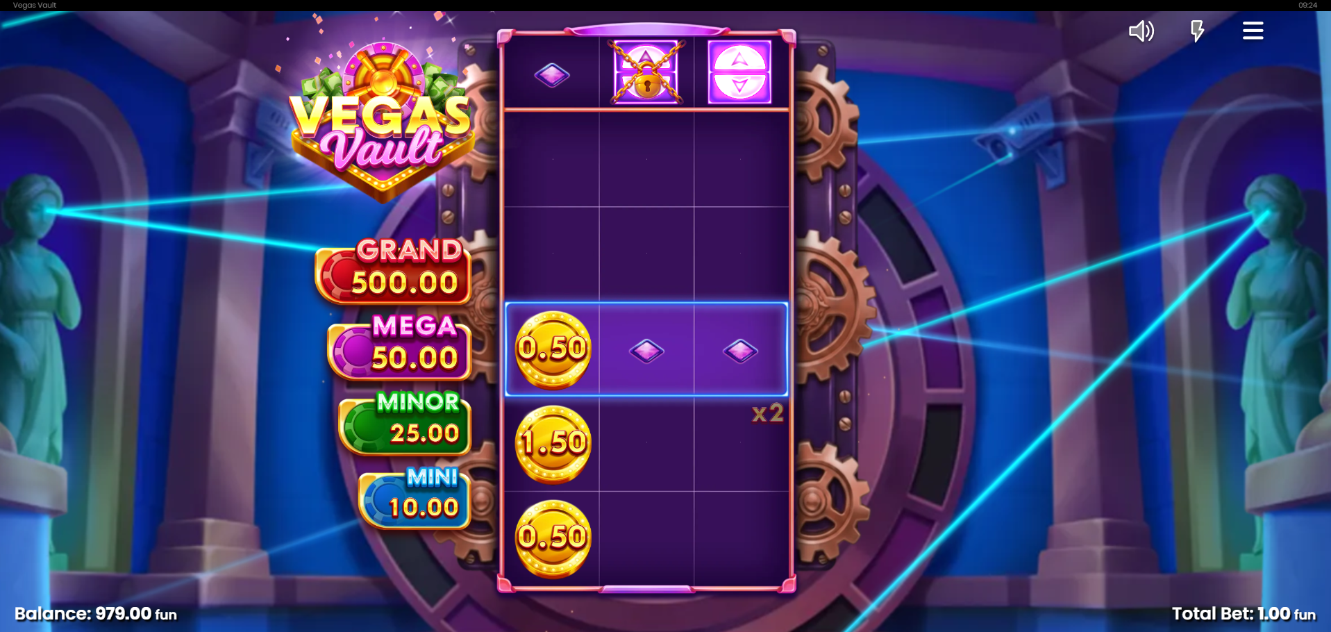 Vegas Vault Enhancer Reel feature active - side reel applying x2 and x4 multipliers to coin symbols on the main grid