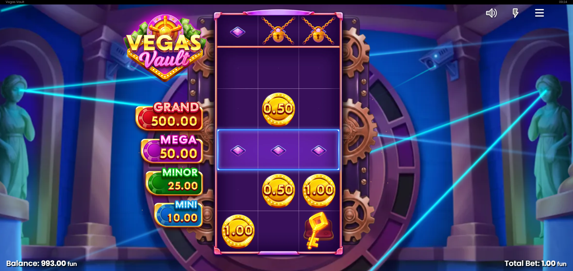 Vegas Vault Enhancer Reel unlock - lock and key symbols at the top of the grid triggering the Enhancer Reel activation