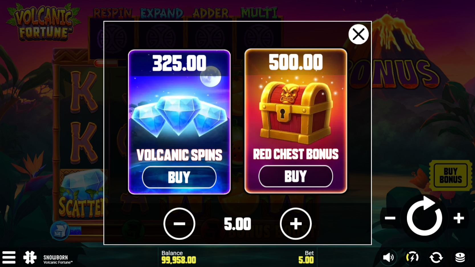 Volcanic Fortune bonus buy option screen