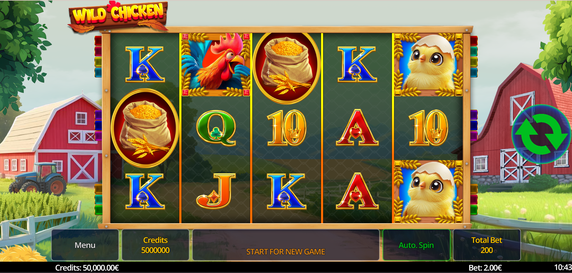 Wild Chicken slot base game screenshot showing the farmyard reel layout with roaming chicken Wild symbols