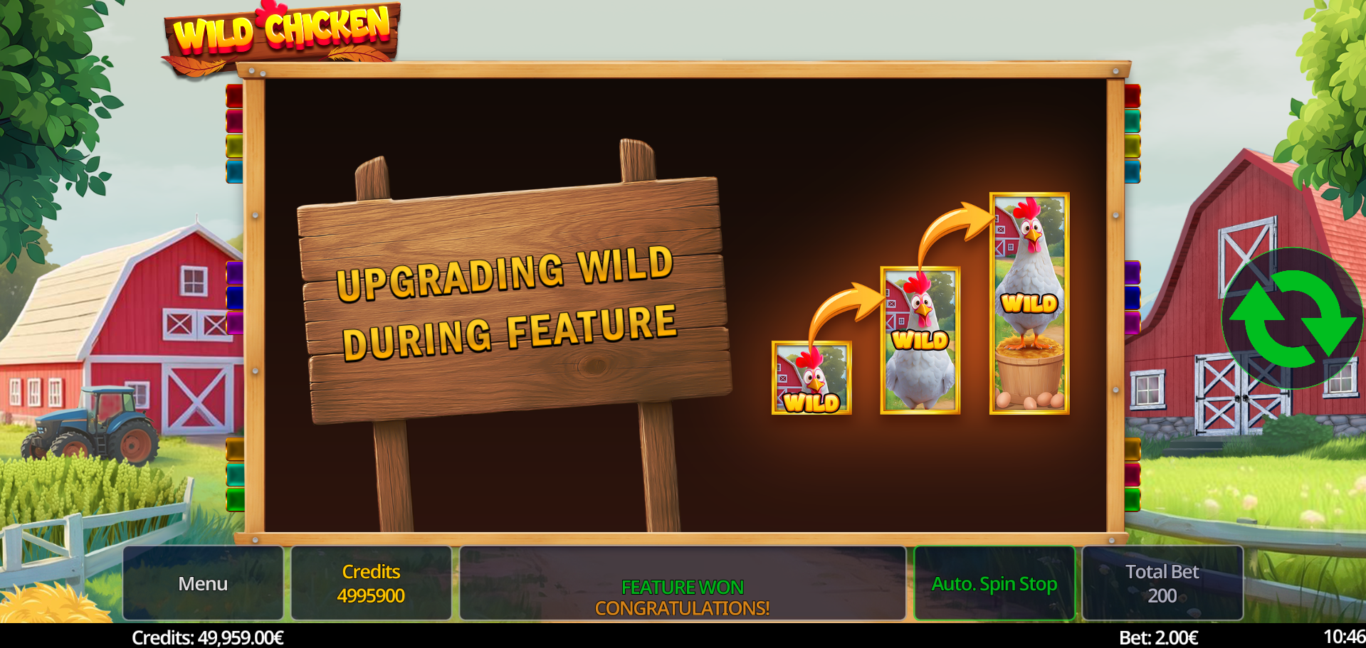 Wild Chicken slot Free Games feature screenshot showing Scatter collection and Wild upgrades in action