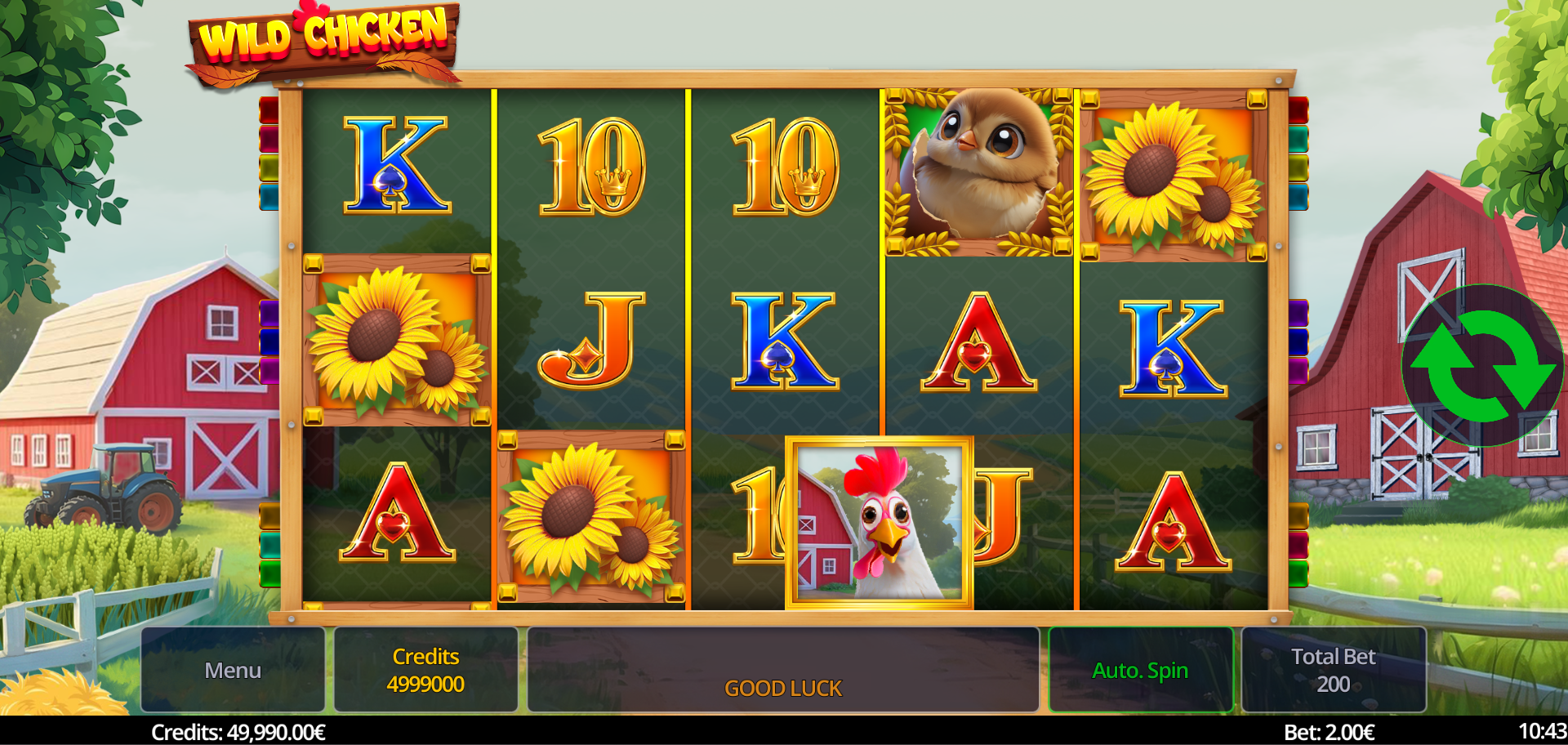 Wild Chicken slot Walking Wild feature screenshot showing a chicken Wild moving left across the reels