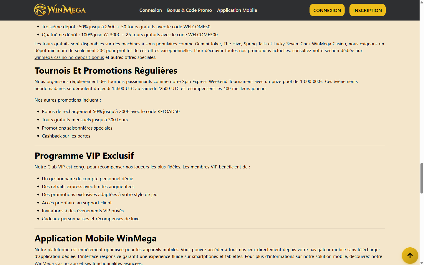 Win Mega Casino promotions section detailing the multi-deposit welcome package bonus codes, regular tournaments, reload bonuses and an exclusive VIP programme