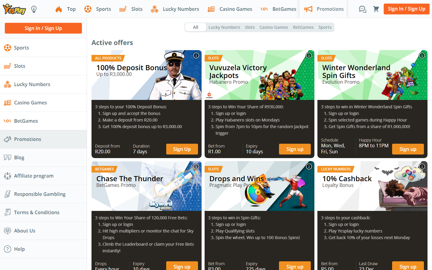 YesPlay promotions page listing active offers including a 100% Deposit Bonus up to R3000, Vuvuzela Victory Jackpots, Winter Wonderland Spin Gifts and 10% Cashback loyalty bonus