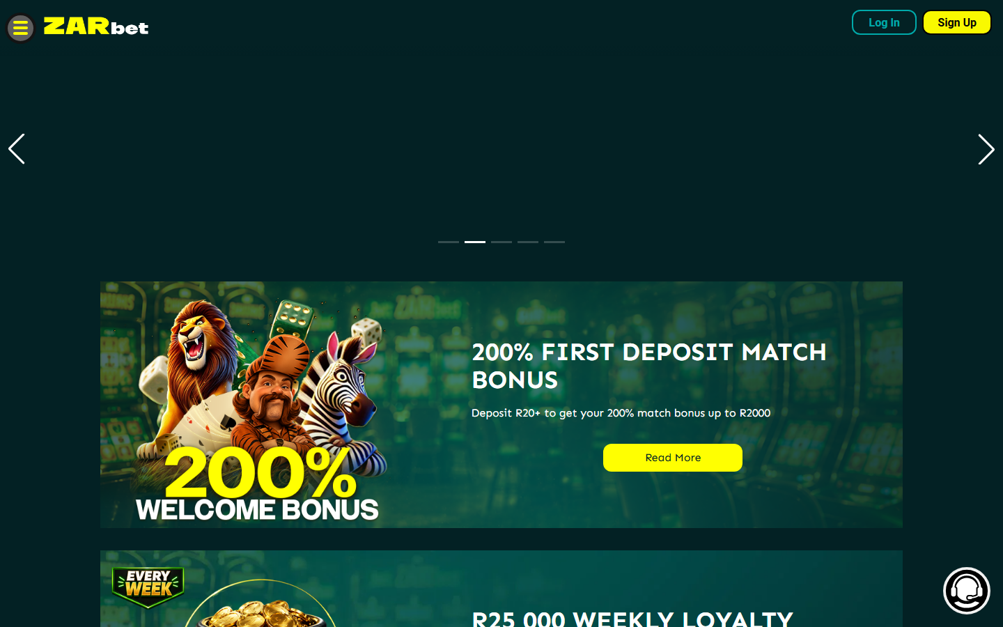 ZARbet promotions page featuring the 200% First Deposit Match Bonus up to R2000 and the R25,000 Weekly Loyalty offer