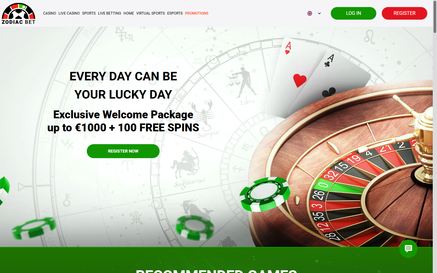 ZodiacBet homepage promo hero advertising an exclusive welcome package up to €1000 plus 100 free spins with a Register Now button