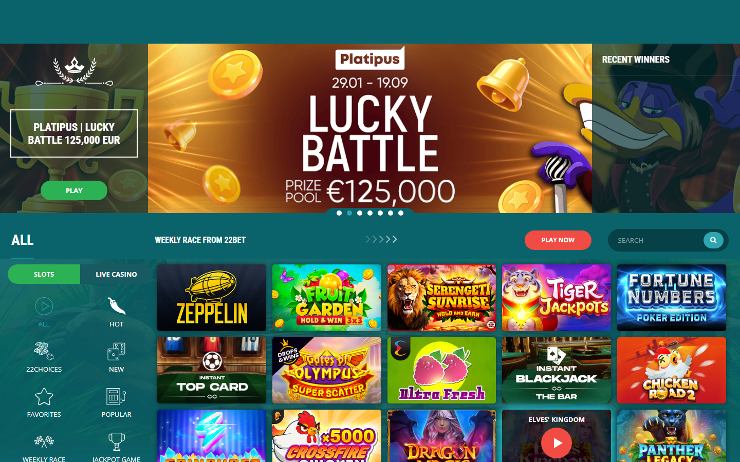 22Bet slots lobby showing a Lucky Battle EUR 125,000 prize-pool promo banner above a grid of slot game tiles