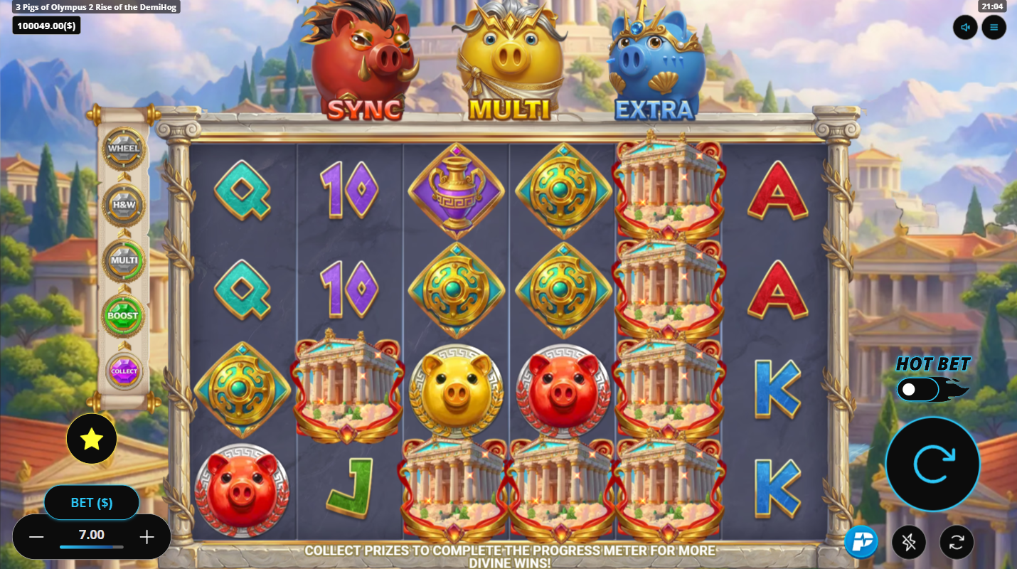 3 Pigs of Olympus 2 Rise of the DemiHog base game reels showing Greek mythology symbols