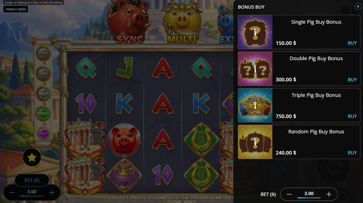 3 Pigs of Olympus 2 Rise of the DemiHog bonus buy options screen